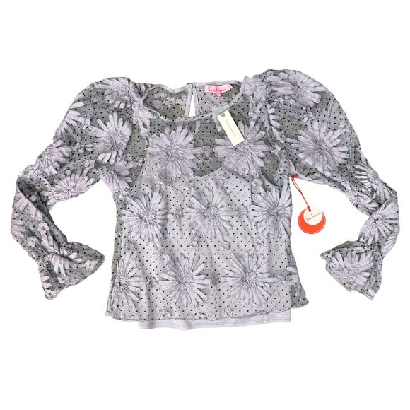 Anthropologie Eva Franco Purple 3D Flower Sheer Puff Sleeve Top sz XS NEW Tags - Picture 10 of 15